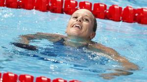 epa04873054 Federica Pellegrini of Italy celebrates after the Women's 200m Freestyle final during the FINA Swimming World Championships at Kazan arena in Kazan, Russia, 5 August 2015.  EPA/VALDRIN XHEMAJ