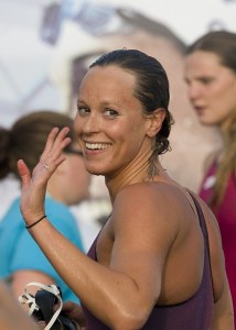 Frederica Pellegrini from Italia reacts after winning the 100m freestyle women final of the Open de France swimming competition in Bellerive-sur-Allier, central France, on July 5, 2015.   AFP PHOTO / THIERRY ZOCCOLAN        (Photo credit should read THIERRY ZOCCOLAN/AFP/Getty Images)