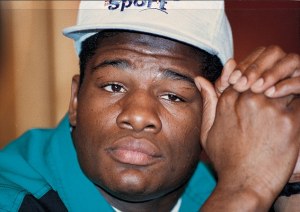 Big Daddy Riddick Bowe, looking none too pleased at the WBCs decision to take away his title.  February 1993