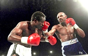 Marvin Hagler middle weight boxer, right, in action versus John "the Beast" Mugabe on March 10, 1986. Hagler won the bout with an 11th round knockout.  (AP Photo)