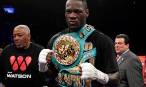 Jan 16, 2016; Brooklyn, NY, USA; Deontay Wilder celebrates after knocking out Artur Szpilka in the ninth round of their heavyweight title boxing fight at Barclays Center. Wilder defeated Szpilka via ninth round knockout. Mandatory Credit: Adam Hunger-USA TODAY Sports